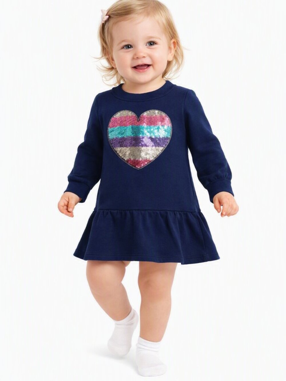 Kidtopia Peplum Sweater Dress Long Sleeve Blue Sequin Heart 18M